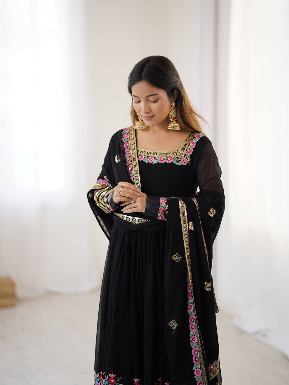 Prazu Fashion Black Georgette Embroidered Sequence Anarkali Suit