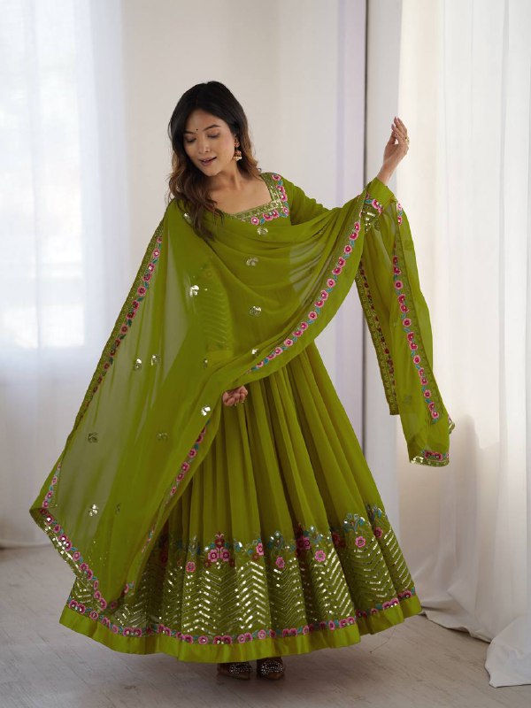 Prazu Fashion Parrot Green Georgette Embroidered Sequence Anarkali Suit - L(40) Prazu Fashion Parrot Green Georgette Embroidered Sequence Anarkali Suit - L(40)