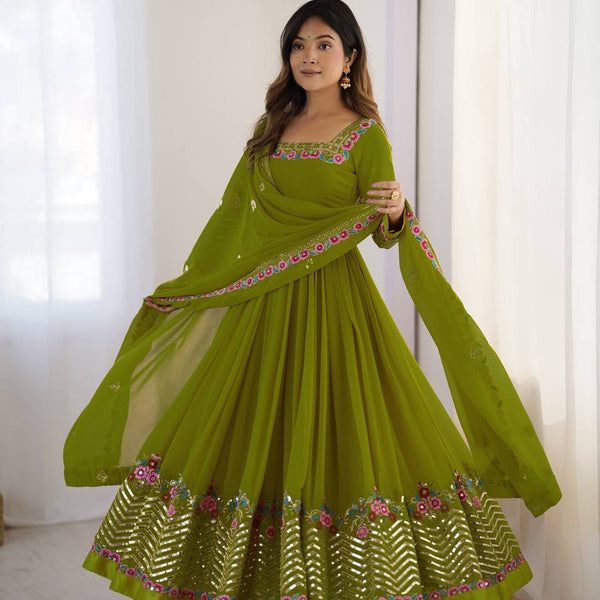 Prazu Fashion Parrot Green Georgette Embroidered Sequence Anarkali Suit