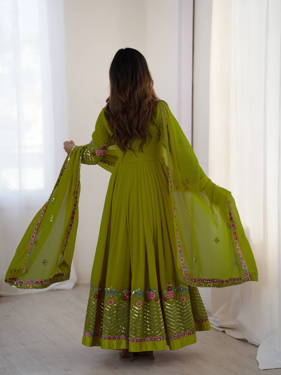Prazu Fashion Parrot Green Georgette Embroidered Sequence Anarkali Suit