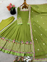 Thumbnail for Prazu Fashion Parrot Green Georgette Embroidered Sequence Anarkali Suit