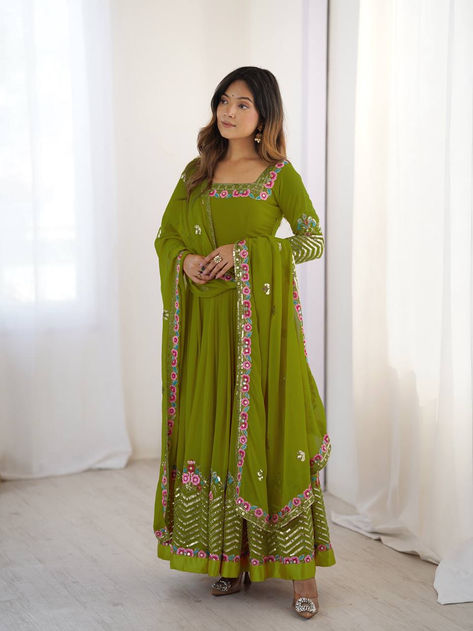 Prazu Fashion Parrot Green Georgette Embroidered Sequence Anarkali Suit