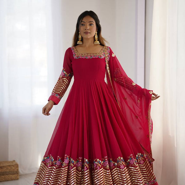 Prazu Fashion Rani Pink Georgette Embroidered Sequence Anarkali Suit