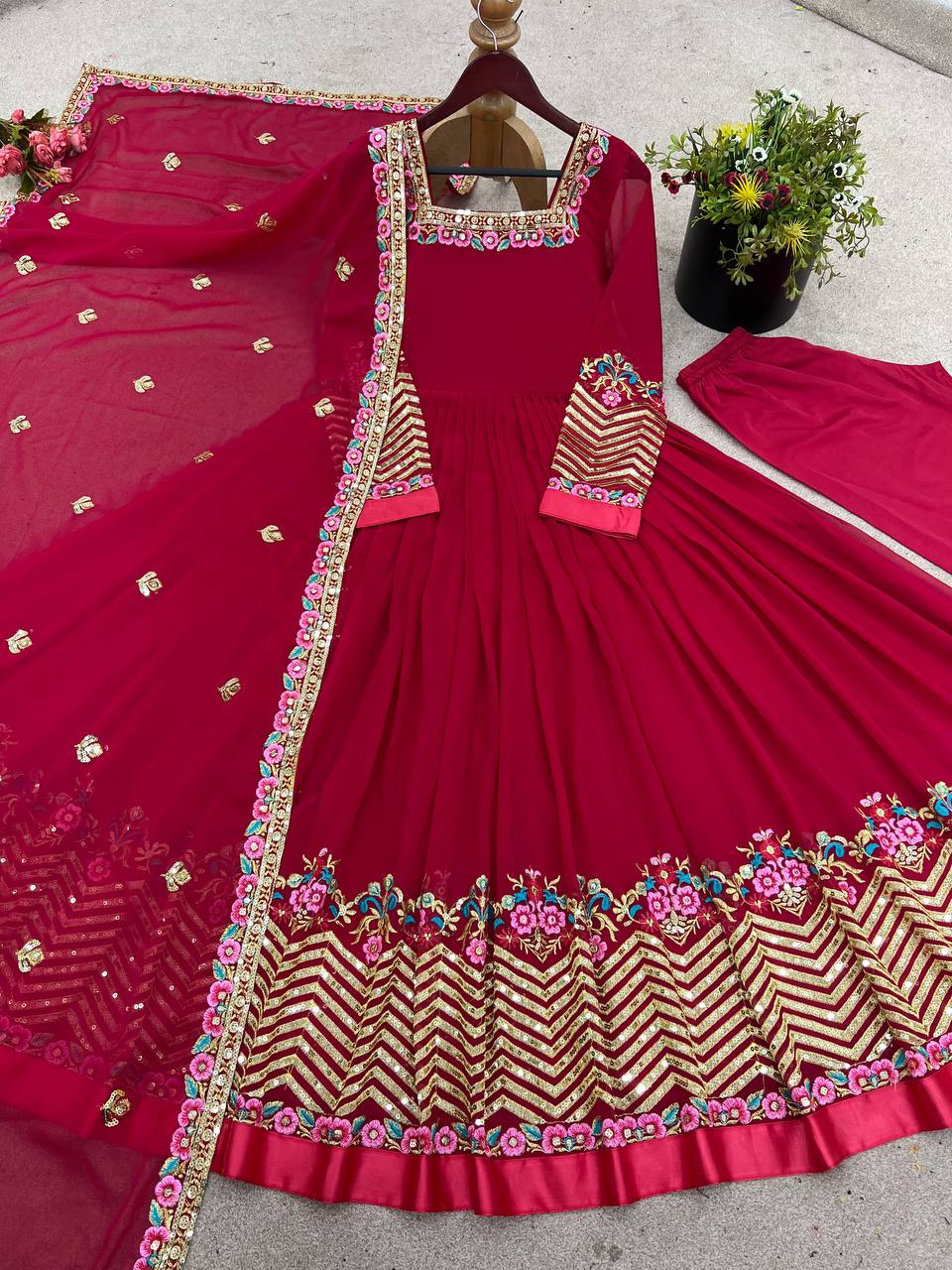 Prazu Fashion Rani Pink Georgette Embroidered Sequence Anarkali Suit