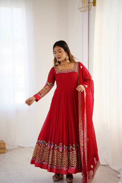 Prazu Fashion Red Georgette Embroidered Sequence Anarkali Suit