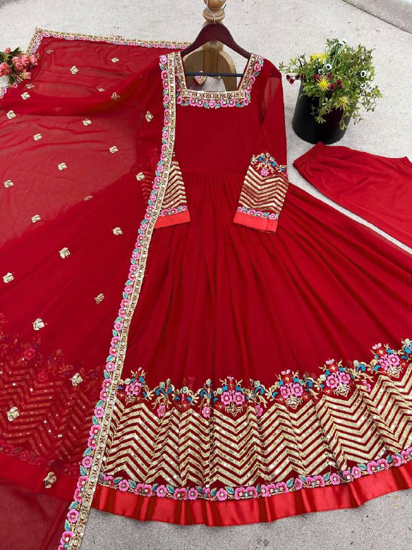 Prazu Fashion Red Georgette Embroidered Sequence Anarkali Suit