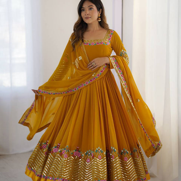 Prazu Fashion Yellow Georgette Embroidered Sequence Anarkali Suit