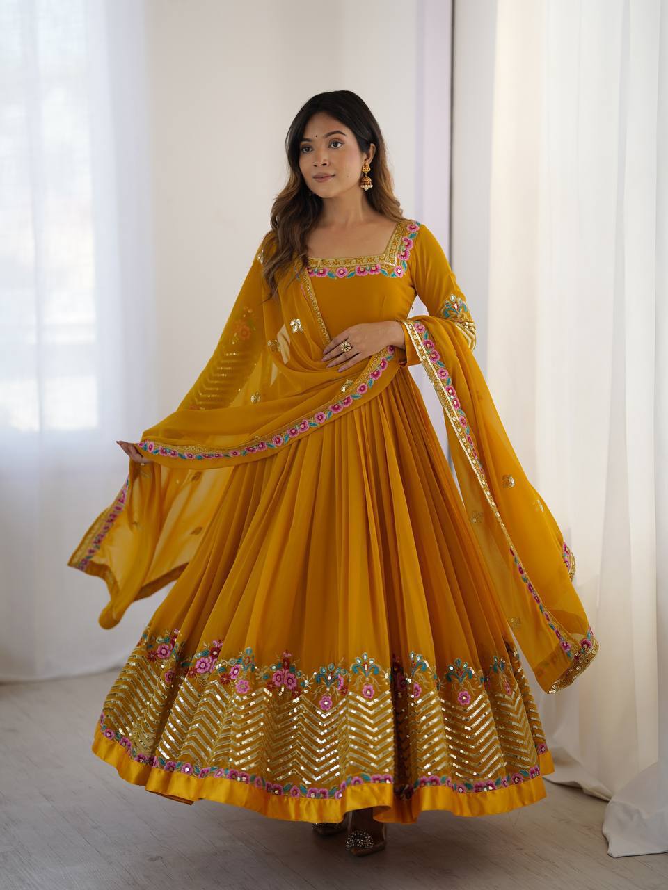 Prazu Fashion Yellow Georgette Embroidered Sequence Anarkali Suit