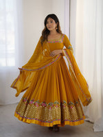 Thumbnail for Prazu Fashion Yellow Georgette Embroidered Sequence Anarkali Suit
