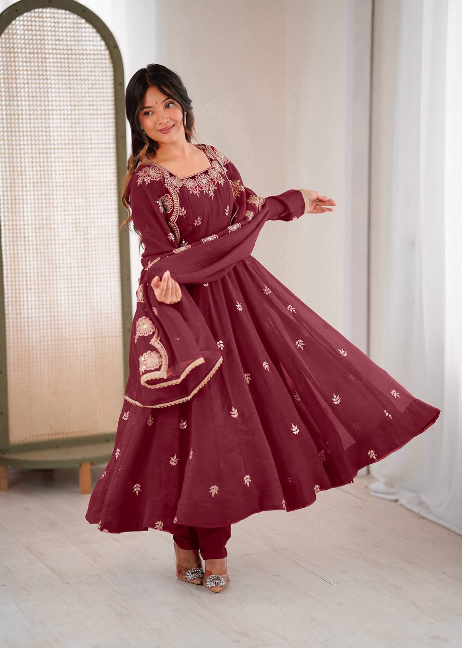 Prazu Fashion Maroon Crunchy Silk Embroidered Sequence Anarkali Suit