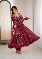Thumbnail for Prazu Fashion Maroon Crunchy Silk Embroidered Sequence Anarkali Suit