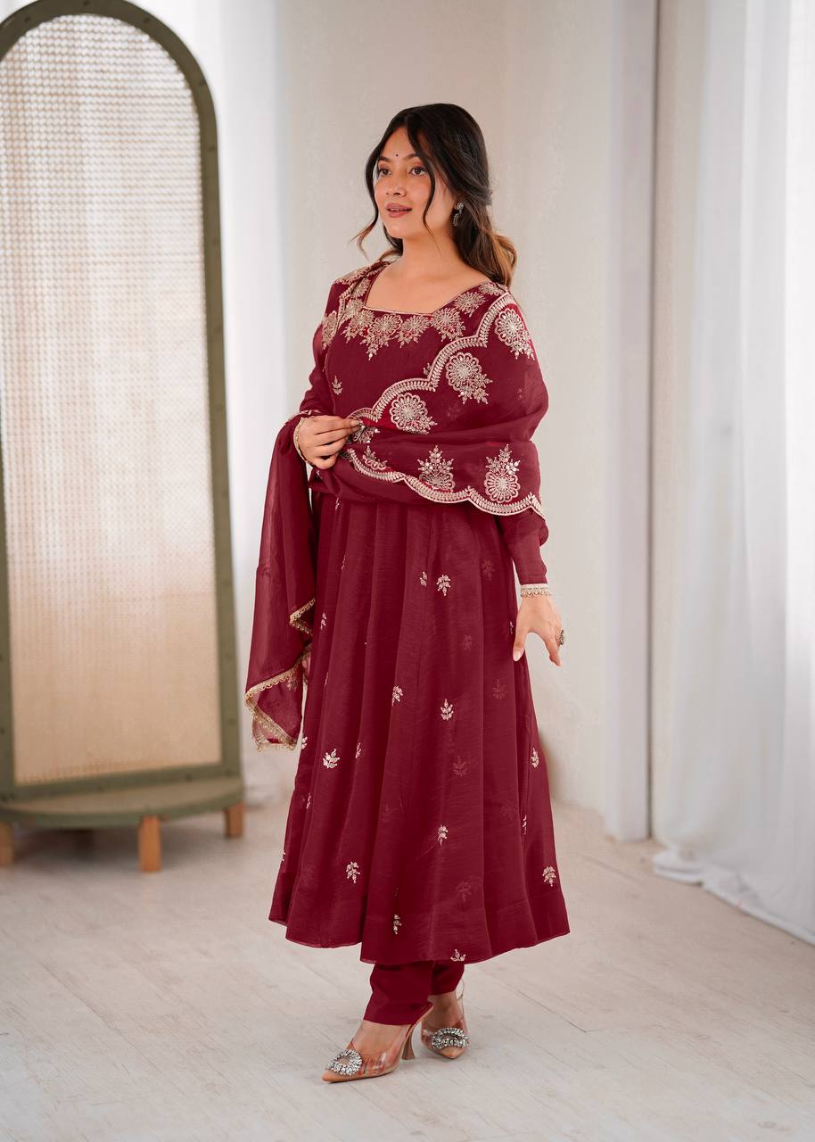 Prazu Fashion Maroon Crunchy Silk Embroidered Sequence Anarkali Suit