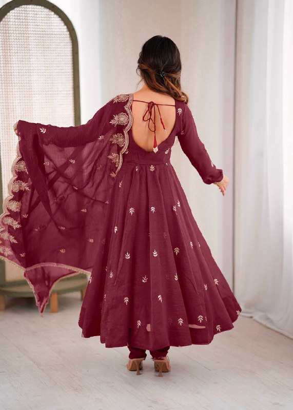 Prazu Fashion Maroon Crunchy Silk Embroidered Sequence Anarkali Suit