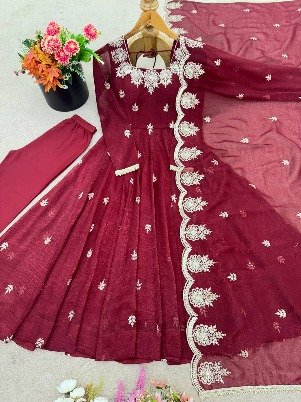 Prazu Fashion Maroon Crunchy Silk Embroidered Sequence Anarkali Suit