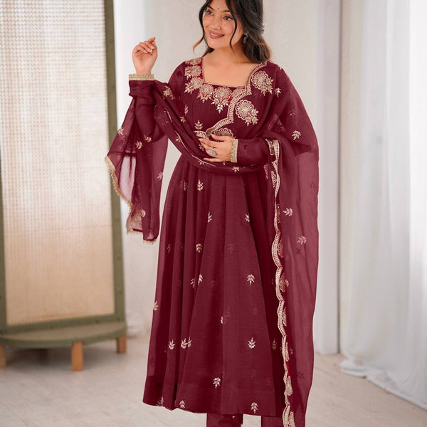 Prazu Fashion Maroon Crunchy Silk Embroidered Sequence Anarkali Suit