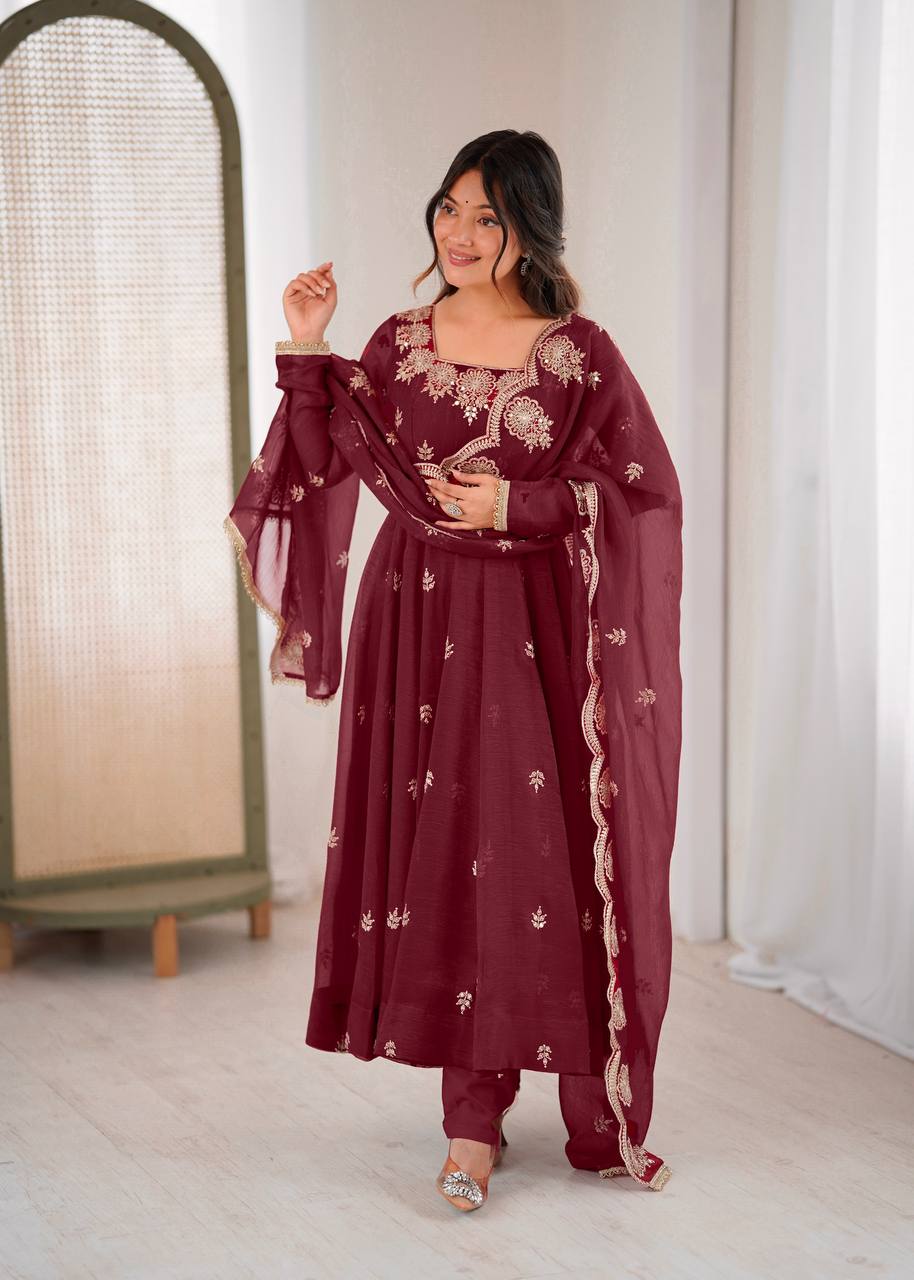 Prazu Fashion Maroon Crunchy Silk Embroidered Sequence Anarkali Suit - Distacart