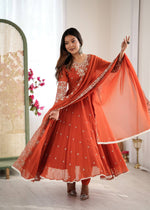 Thumbnail for Prazu Fashion Red Georgette Embroidered With Moti Work Anarkali Suit