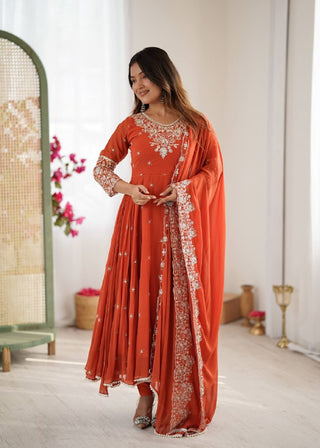 Prazu Fashion Red Georgette Embroidered With Moti Work Anarkali Suit