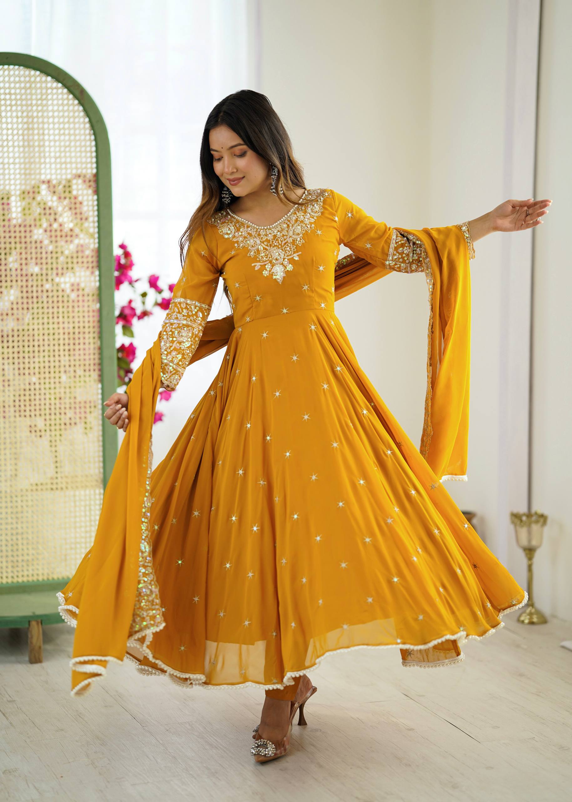 Prazu Fashion Yellow Georgette Embroidered With Moti Work Anarkali Suit