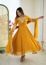 Thumbnail for Prazu Fashion Yellow Georgette Embroidered With Moti Work Anarkali Suit