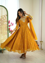 Thumbnail for Prazu Fashion Yellow Georgette Embroidered With Moti Work Anarkali Suit