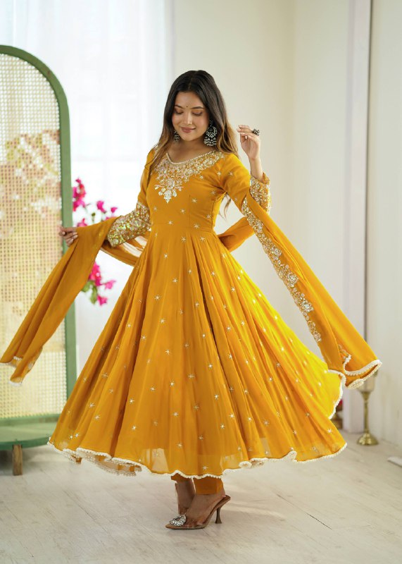 Prazu Fashion Yellow Georgette Embroidered With Moti Work Anarkali Suit