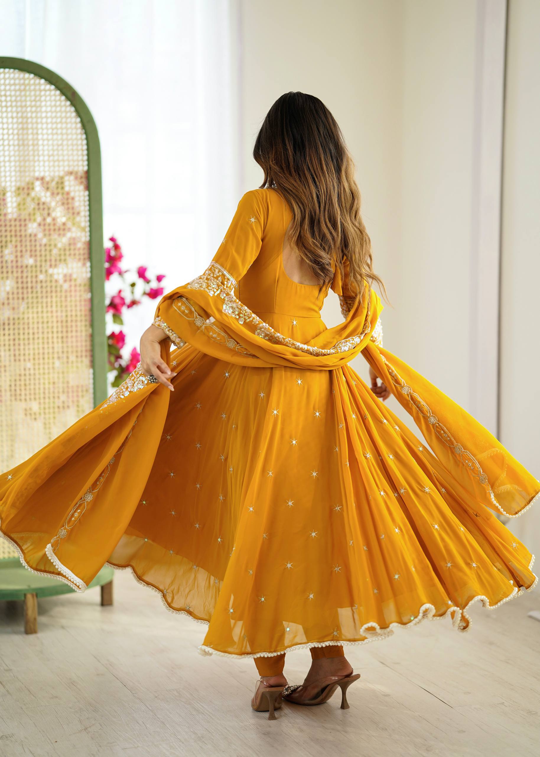 Prazu Fashion Yellow Georgette Embroidered With Moti Work Anarkali Suit