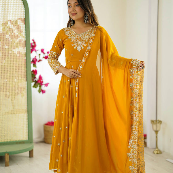 Prazu Fashion Yellow Georgette Embroidered With Moti Work Anarkali Suit
