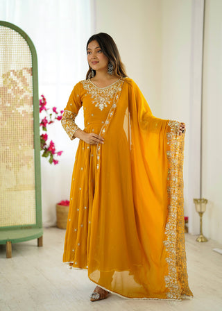 Prazu Fashion Yellow Georgette Embroidered With Moti Work Anarkali Suit