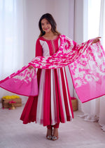 Thumbnail for Prazu Fashion Pink And White Roman Silk Embroidery With Digital Print Work Kurta Suit - Distacart