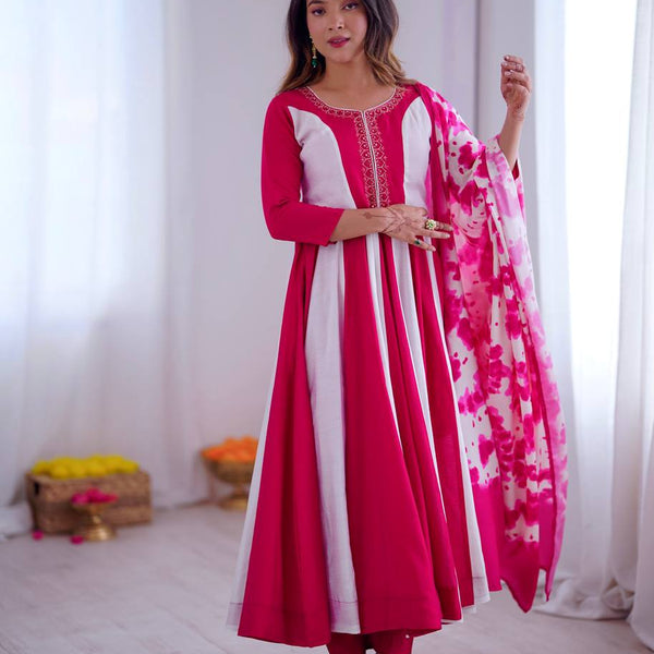 Prazu Fashion Pink And White Roman Silk Embroidery With Digital Print Work Kurta Suit - Distacart