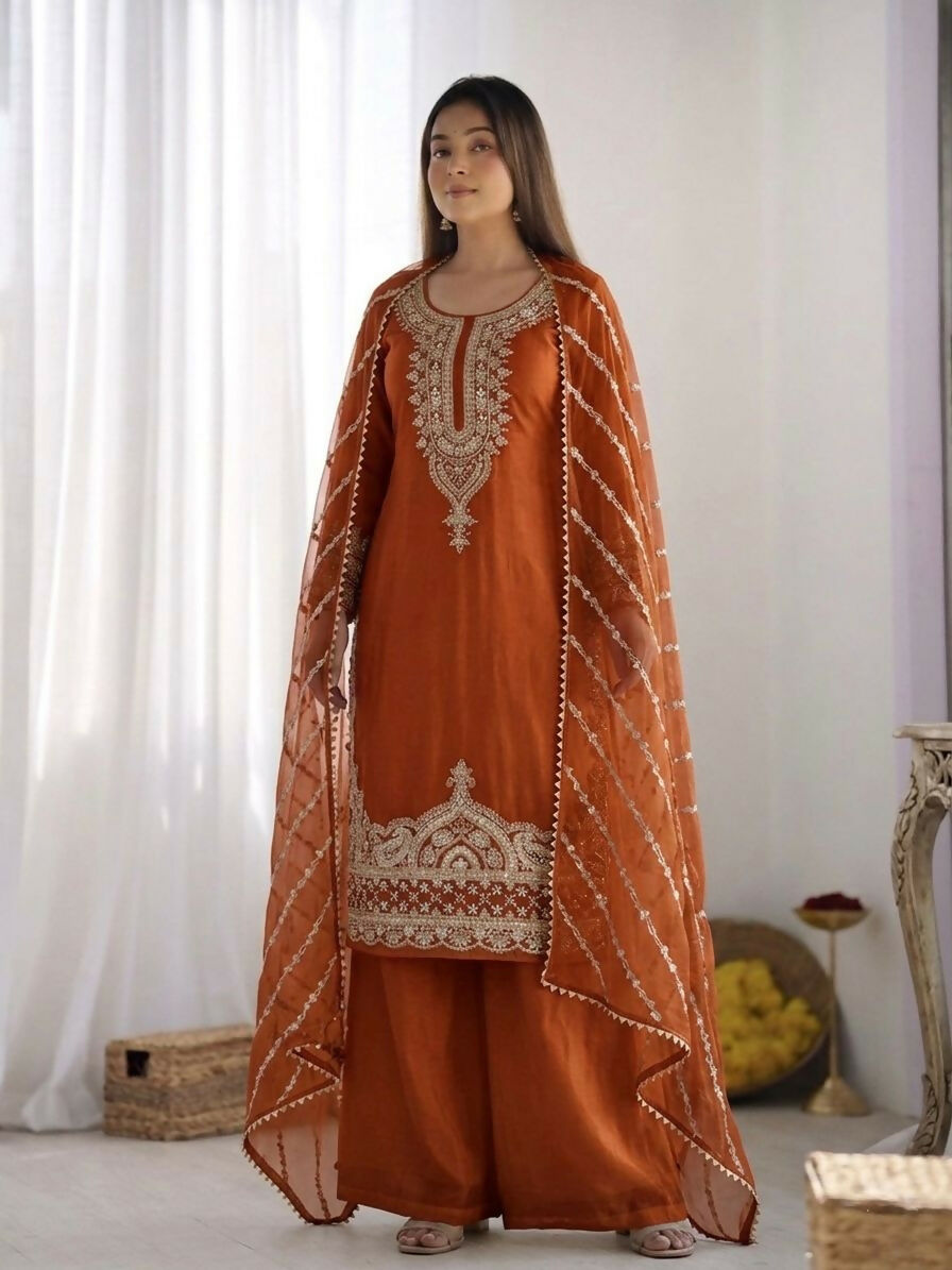 Teeya Creation New latest Trendy Embroidery Beads Work Kurta Sharara Set - Orange - Dista