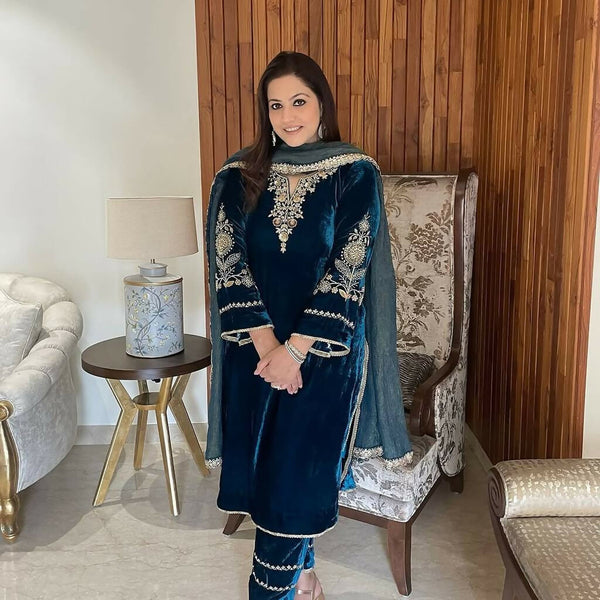 Vastranavya Teal Velvet Cording Sequence Embroidery Work Suit With Dupatta