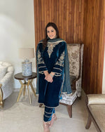Thumbnail for Vastranavya Teal Velvet Cording Sequence Embroidery Work Suit With Dupatta