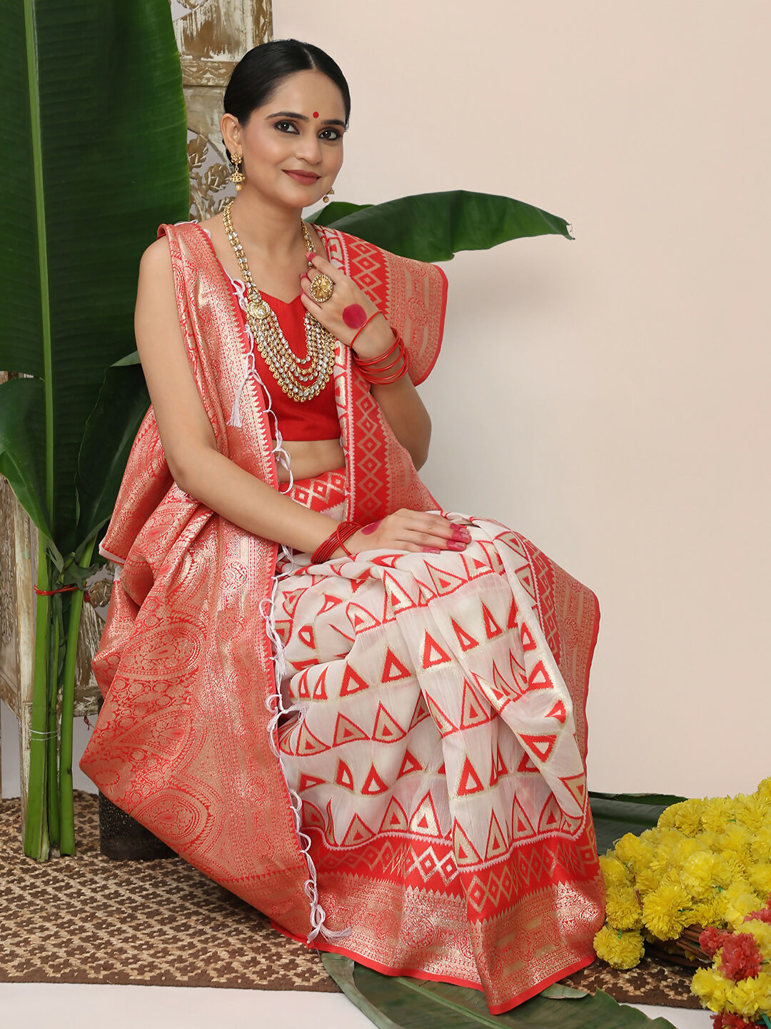 Astita Linen Cotton Red & White Saree