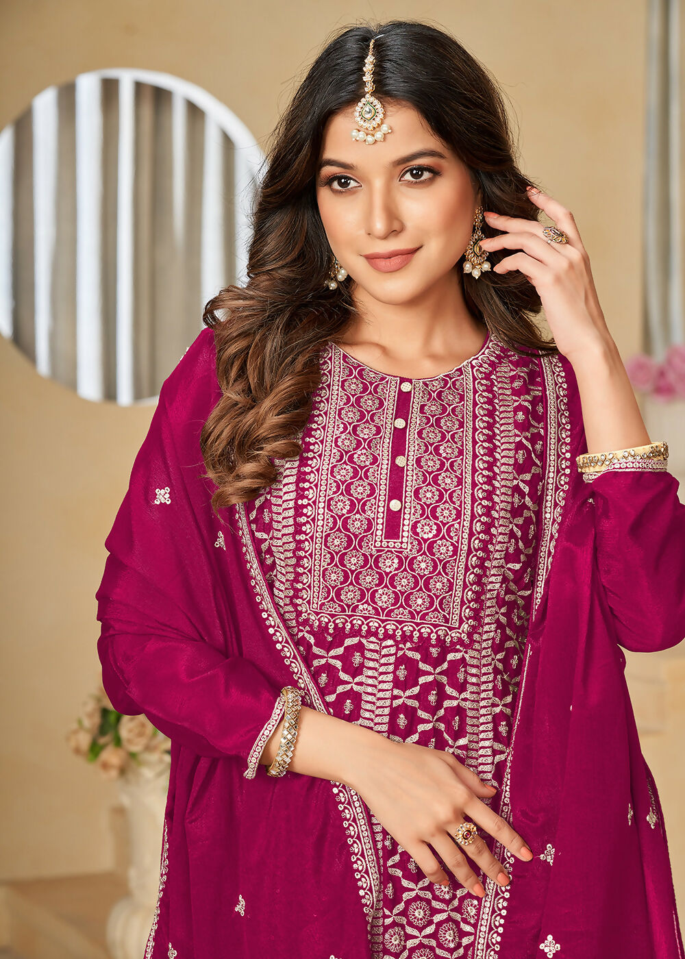 Chinnon Rani Pink Embroidered Palazzo Salwar Suit - Emponline - Distacart
