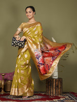 Thumbnail for Astita Linen Cotton Mhendi Green Saree