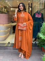 Thumbnail for The52 Orange Women's Gorgeous Chanderi Fabric Embroidered Work Straight Kurta Pant and Dupatta Set - Distacart