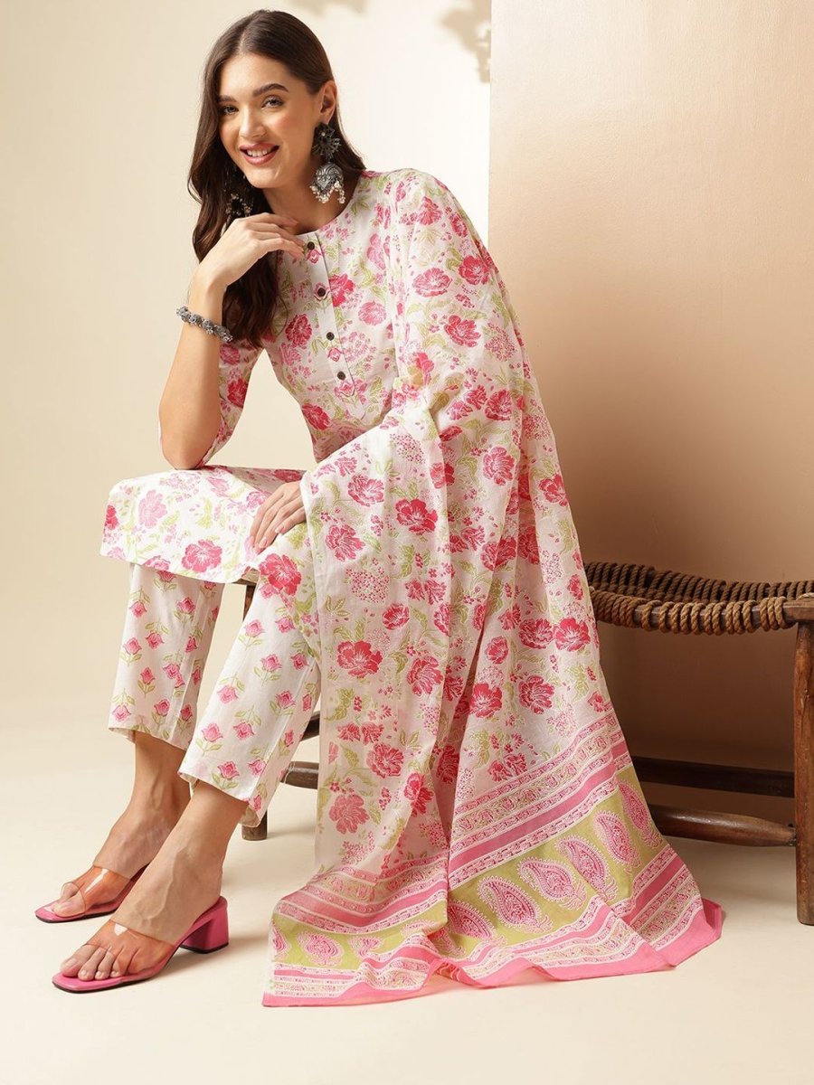 Anouk Floral Printed Round Neck Regular Pure Cotton Kurta With Trouser With Dupatta - Distacart