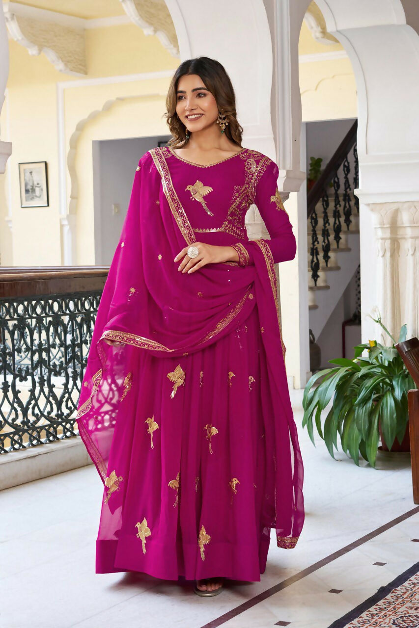 The52 Women's Gorgeous Faux Georgette Fabric Embroidery Work Flared Anarkali Pant and Dupatta Set - Distacart