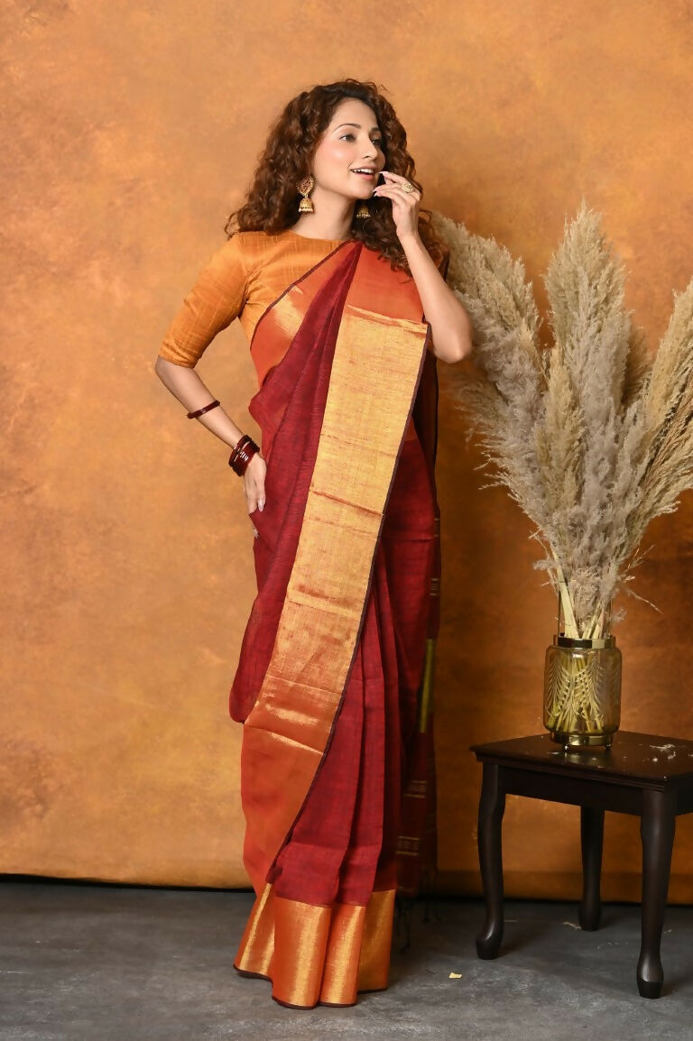 Very Much Indian Handloom Pure Cotton Linen Saree With Golden Border - Dark Maroon - Distacart