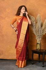Thumbnail for Very Much Indian Handloom Pure Cotton Linen Saree With Golden Border - Dark Maroon - Distacart
