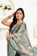 Thumbnail for Joban Fashion  Dusty Brown Floral & Ethnic Motifs Linen Ready To Wear Saree With Unstitched Blouse - Distacart