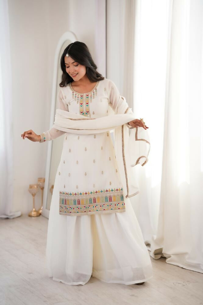 Lehenga Mart Designer Sharara Suit With Kurta, Sharara, Dupatta For Women-Off White