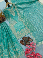 Thumbnail for Teeya Creation Turquoise Pure Silk Gimmy Silk Heavy Embroidery Work Wedding Wear Palazzo Pair - Distacart