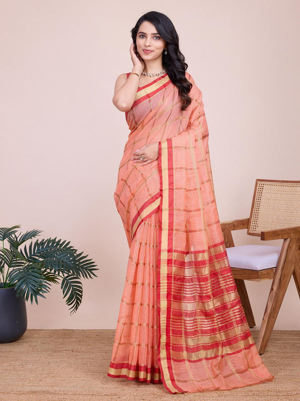 Mitera Checked Zari Saree With Unstitched Blouse