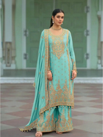 Thumbnail for Anaita Sky-Blue Heavy Chinon Readymade Palazzo Suit with Heavy Embroidery Work - Distacart