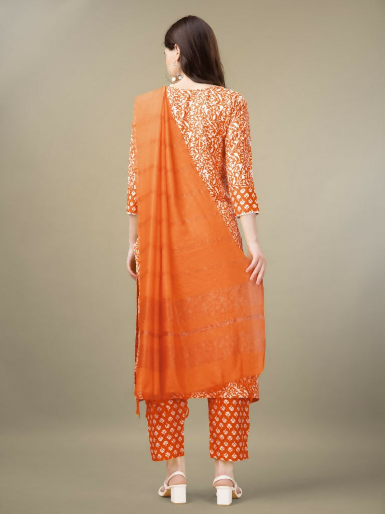 Jyoti Fashion Women's Orange Rayon Embroidery & Sequence work Kurta with Trouser & Dupatta - Distacart