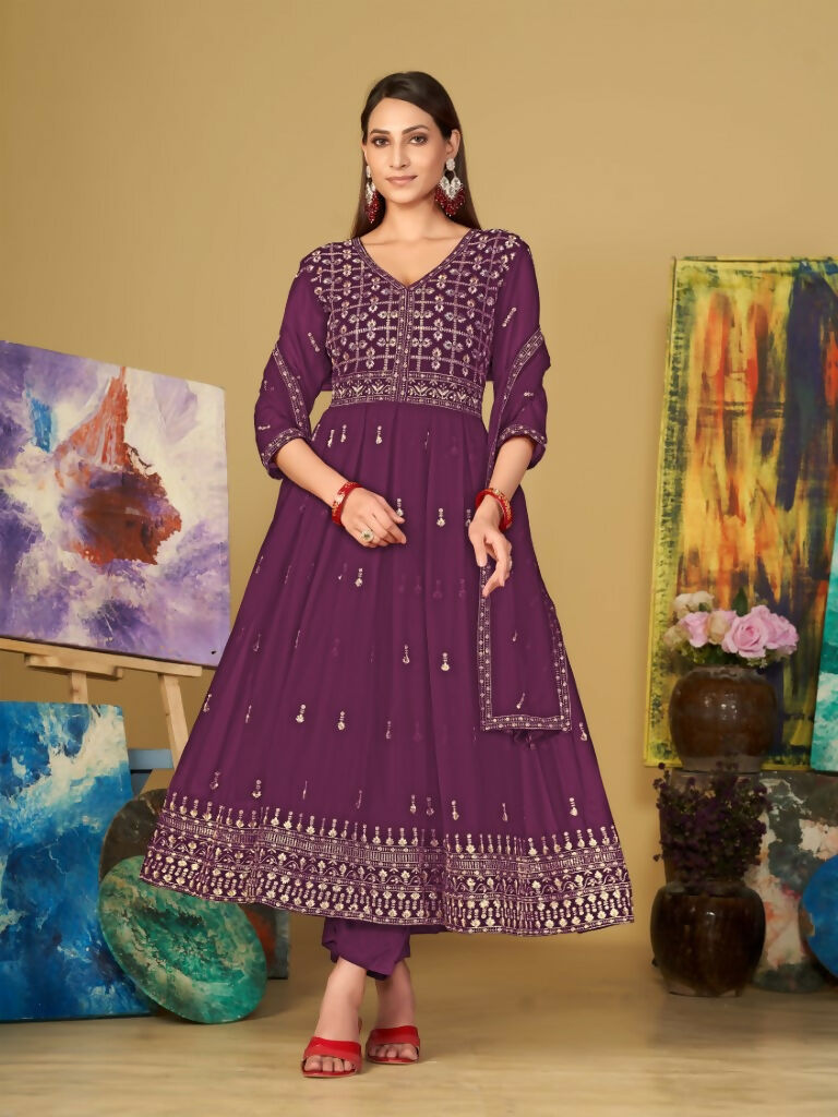 Jyoti Fashion Women's Purple Georgette Embroidered Anarkali Kurta Pant Set With Dupatta - Distacart