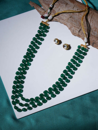 Long Layered Green Neckpiece wtih Kundan Studs Jewellery Set (Green) - Ruby Raang - Distacart